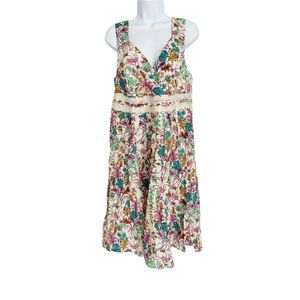 Sundance Catalog Linen Sleeveless Floral Dress Cross Lace Front Fit & Flare 16